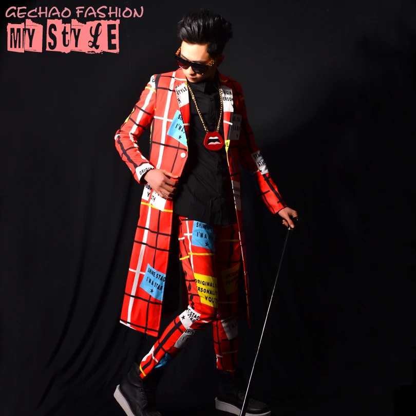 Костюм мужской длинный в клетку пиджак и брюки стиле пэчворк одежда для ночного