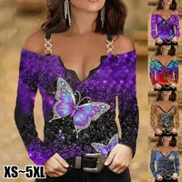 sexy ladies fashion metal sling t shirt 2022 autumn lace v neck long sleeve off the shoulder womens butterfly print top shirts