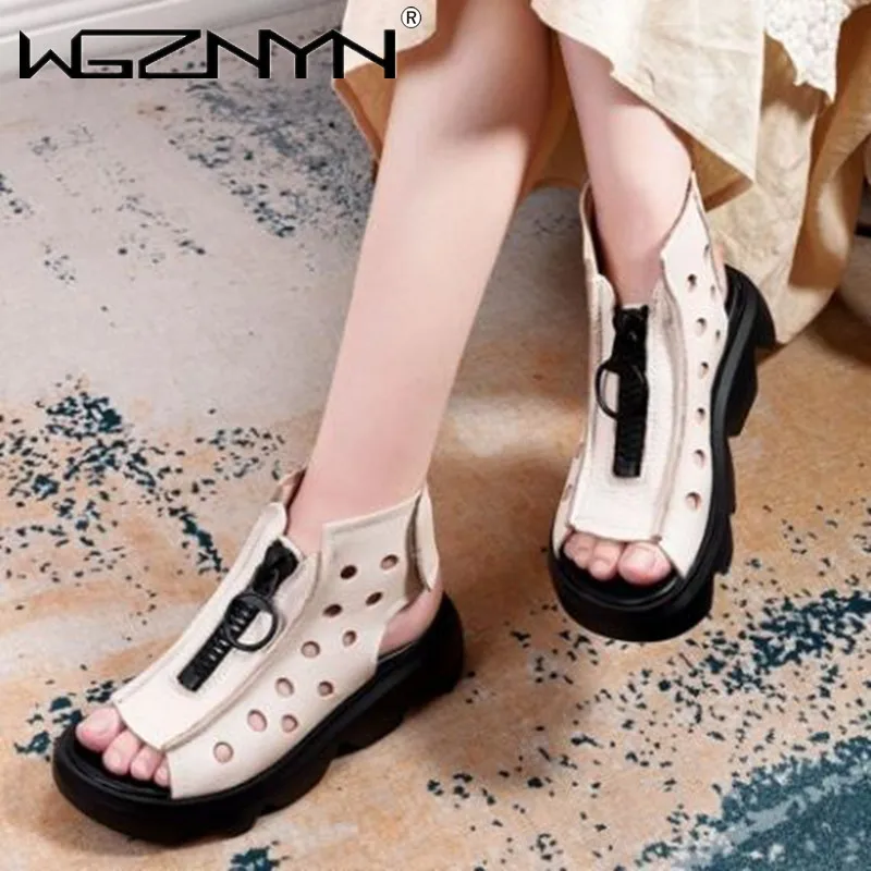 

NEW Women 2022 Summer Fashion New Cut-outs Sandals Retro Genuine Leather Handmade Boots Platform Fish Mouth Casual Roman Shoes