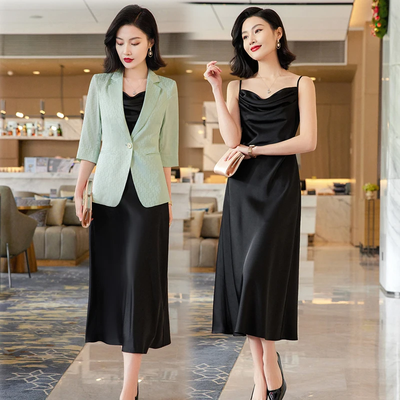 High Quality 2023 Summer Suit Jacket Suspenders Dress Two-piece Women's Office Professional Wear Korean Casual Blazers Skirt Set