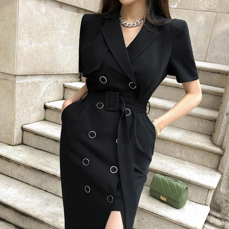 Women Elegant Office Dress Formal Temperament Vintage Casual Simple Solid Short Sleeve Belt Midi Pencil Dresses