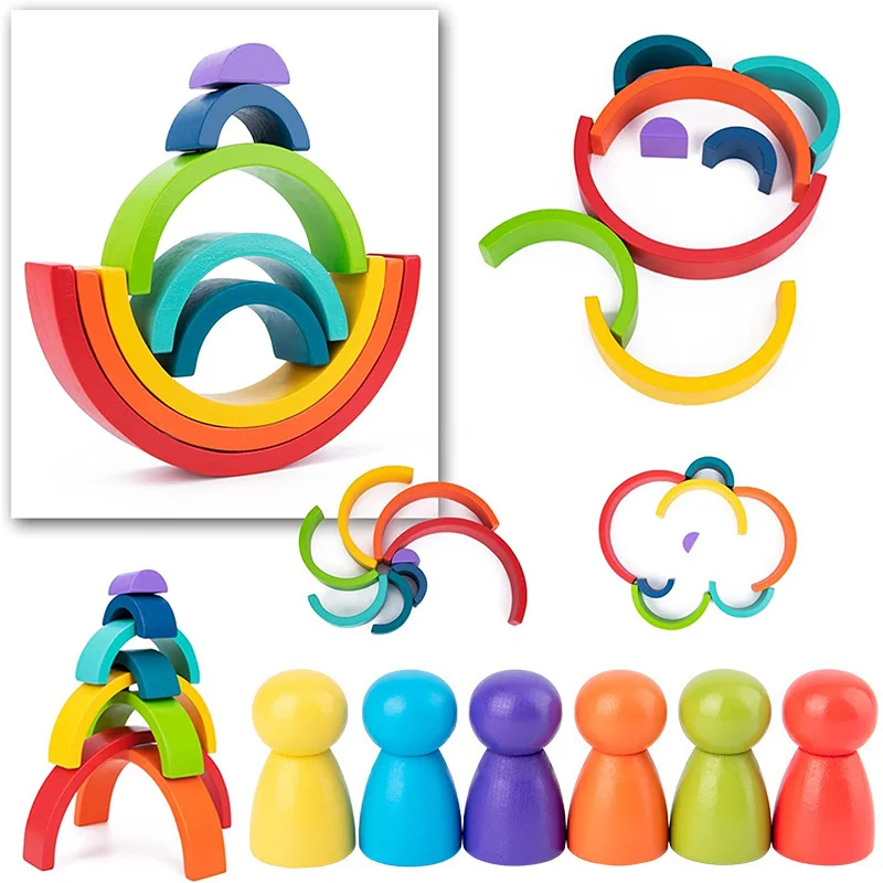 

Rainbow Arched Building Blocks Villain Combination Wooden Children's Educational Colorful Semicircle Building Blocks StackingToy