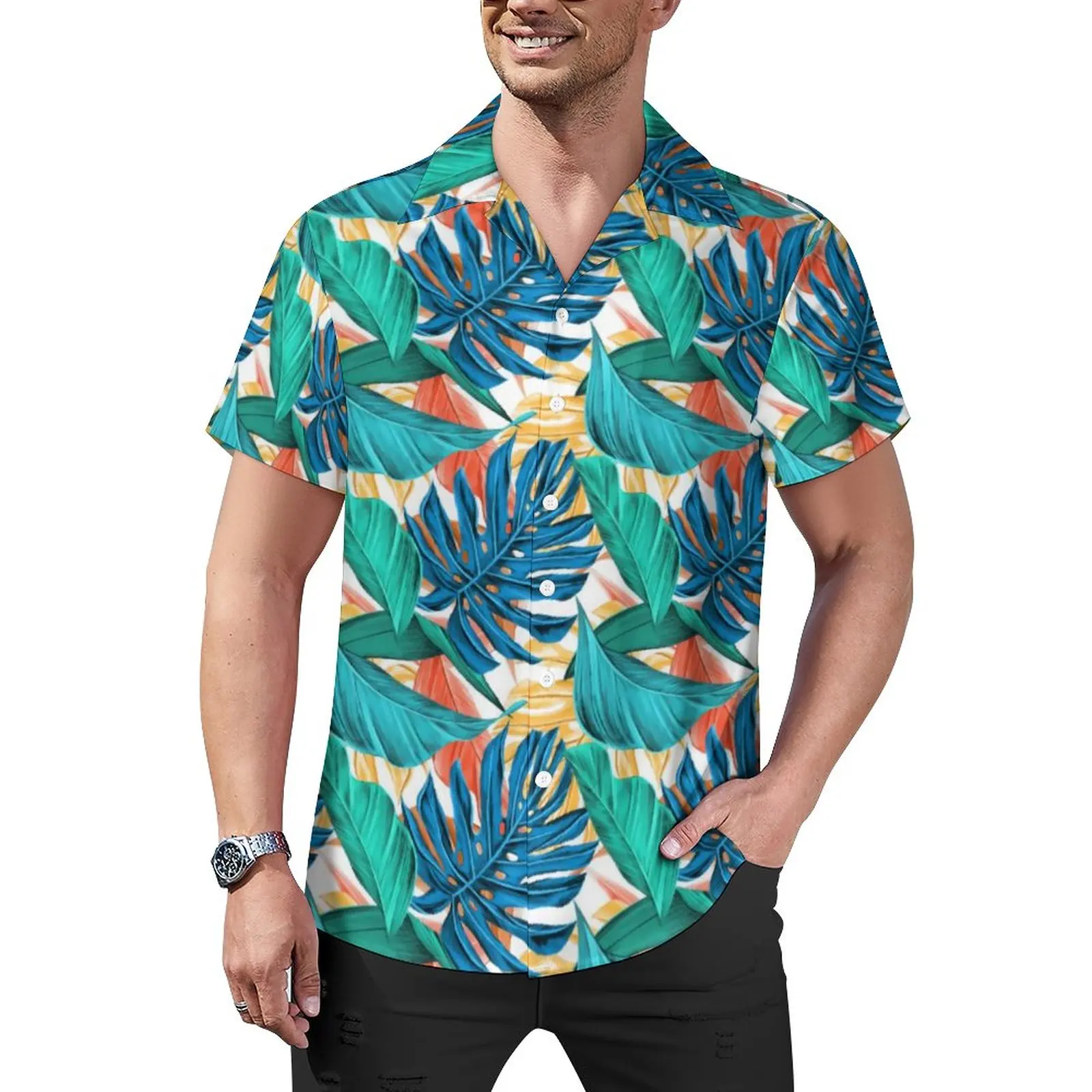 

Tropical Palm Blouses Man Leaves Print Casual Shirts Hawaiian Short-Sleeved Graphic Trending Oversized Beach Shirt Gift Idea