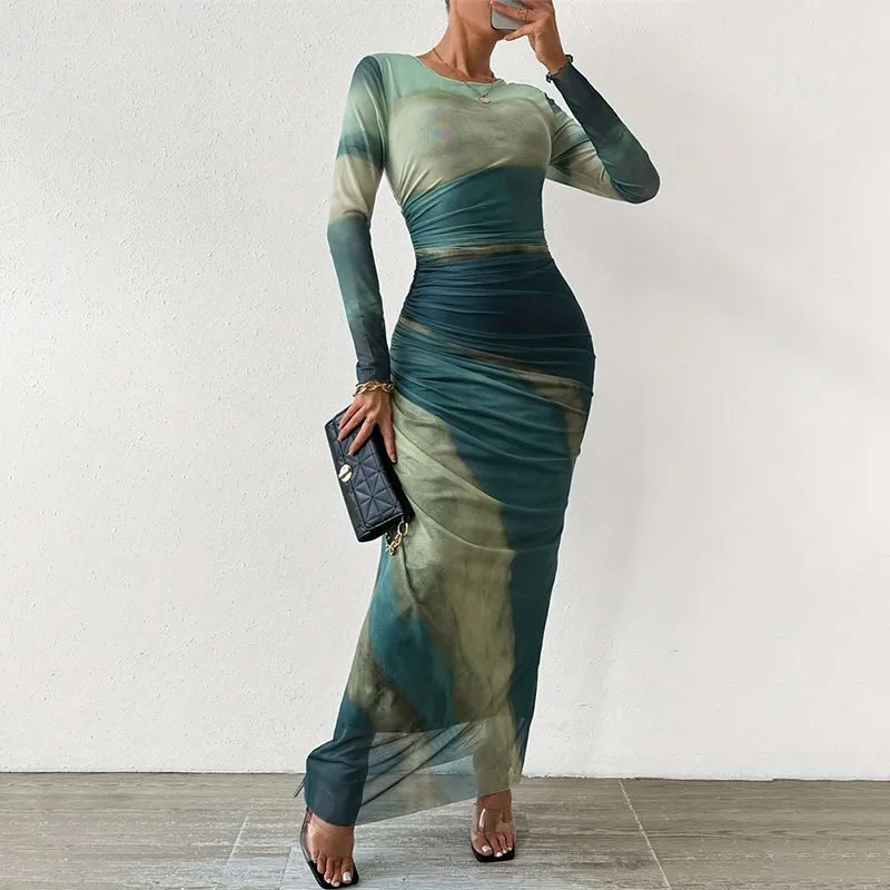 Зеленое Сетчатое платье-корсет Tie Dye осенние элегантные женские платья