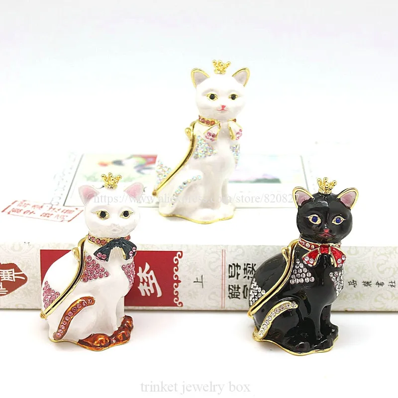 Cat Hinged Jewelry Box with Crystal Stones