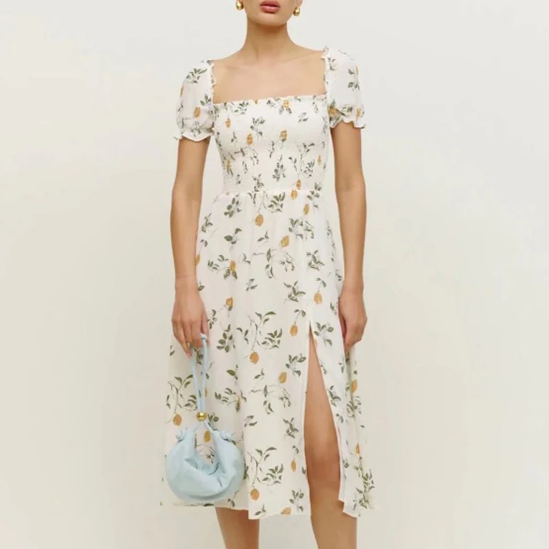 

Женское шифоновое платье с коротким рукавом, повседневное винтажное платье миди с цветочным принтом, лето 2022