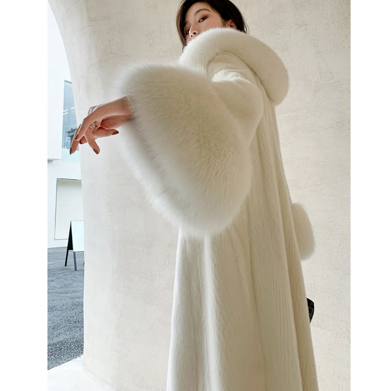 Winter Warm Fur Collar Female Mink Coat New Korean Style Temperament Fashion Slim Long Fur Trim Coat Women Furry 2021