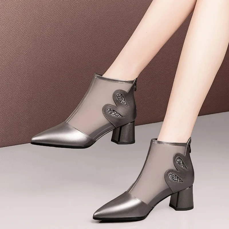 

Botas Femininas Women Cute Sweet Mesh Breathable High Quality Square Heel Autumn Boots Lady Casual Comfort Grey Zip Boots G728