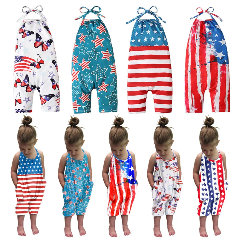 

Baby Backless Strap Slouch Romper for Toddler Girls American Flag Print Cute Halter Jumpsuit Pants with Pockets