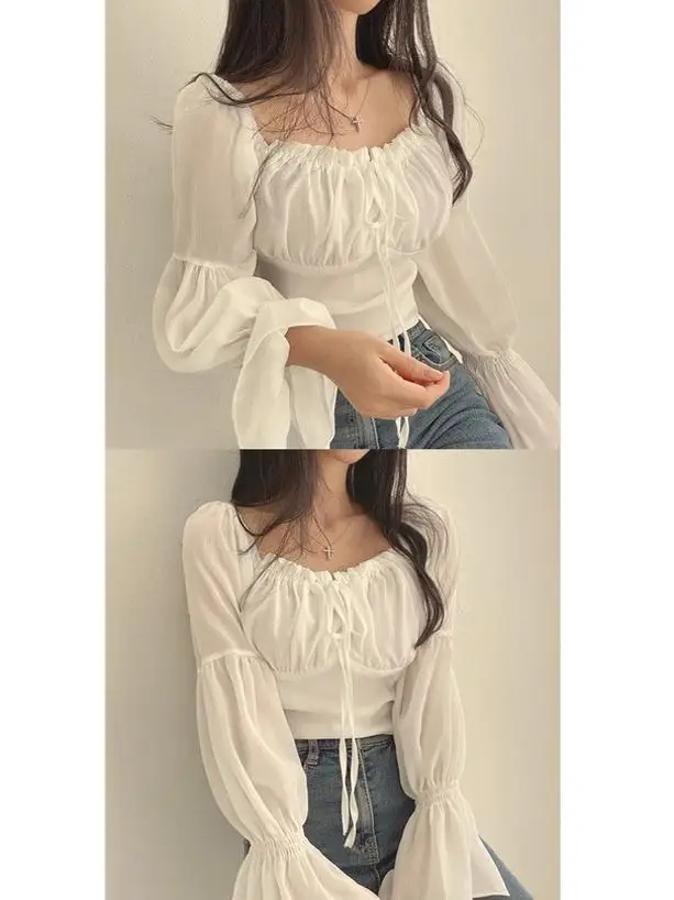 L Autumn New Japan fashion Sweet 2024 Candy Sleeve Bow Lace-up 2WAY Short Top