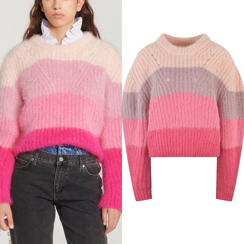 Round Neck Rainbow Color Hollow Knit Pullover Women's New Winter 2022 Commuter Stripe Long Sleeve Loose Knit Shirt