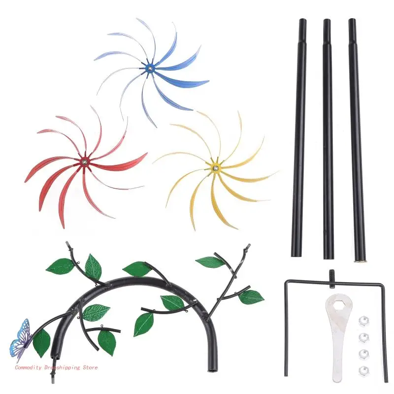 

Металлический ветряной Спиннер с тремя вращающимися цветами, бабочки, ветряная мельница, скульптура для наружного сада, художественный Декор