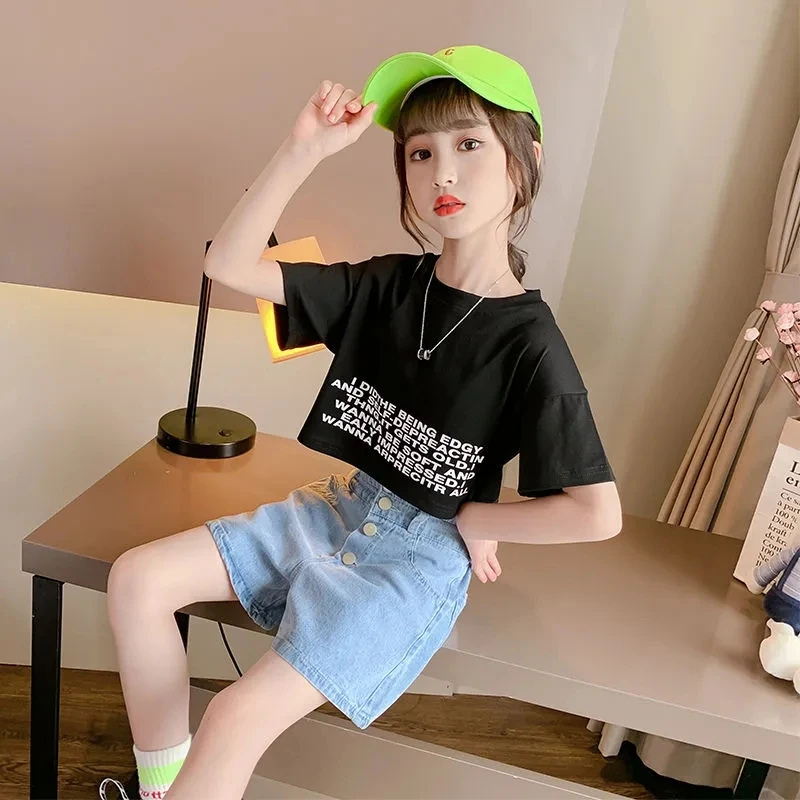 

Girls' Clothing Set Summer New Korean Edition Children's Baby Fashionable Fashion Jeans Open Navel Top Two Piece Set 3-12Y