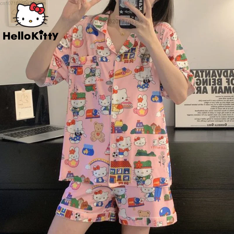 

Пижамный комплект женский короткий из хлопка с рисунком Hello Kitty