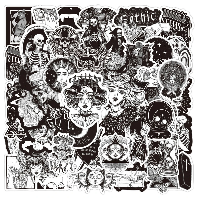 

50 наклеек в готическом черном стиле, самодельные наклейки для скрапбукинга, водостойкие наклейки для багажа