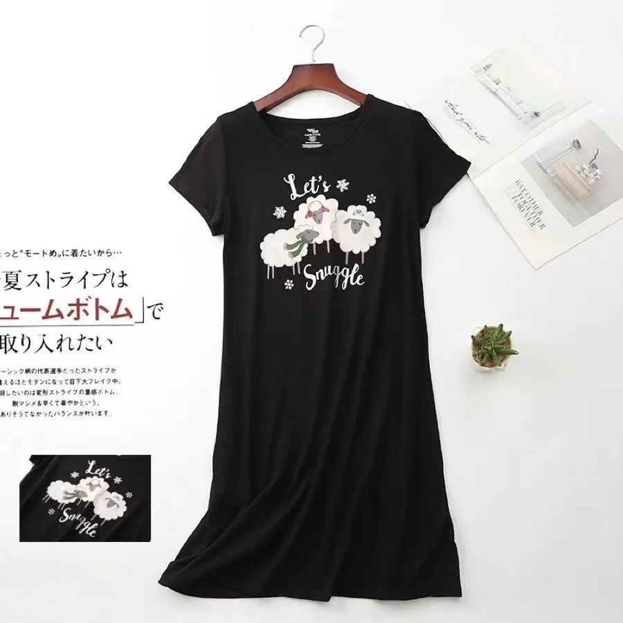 Cartoon Sleepwear For Women Short Sleeve Pyjama Women's Cotton Soft Summer Fashion Home Long NEW Sweet Dress Big Size