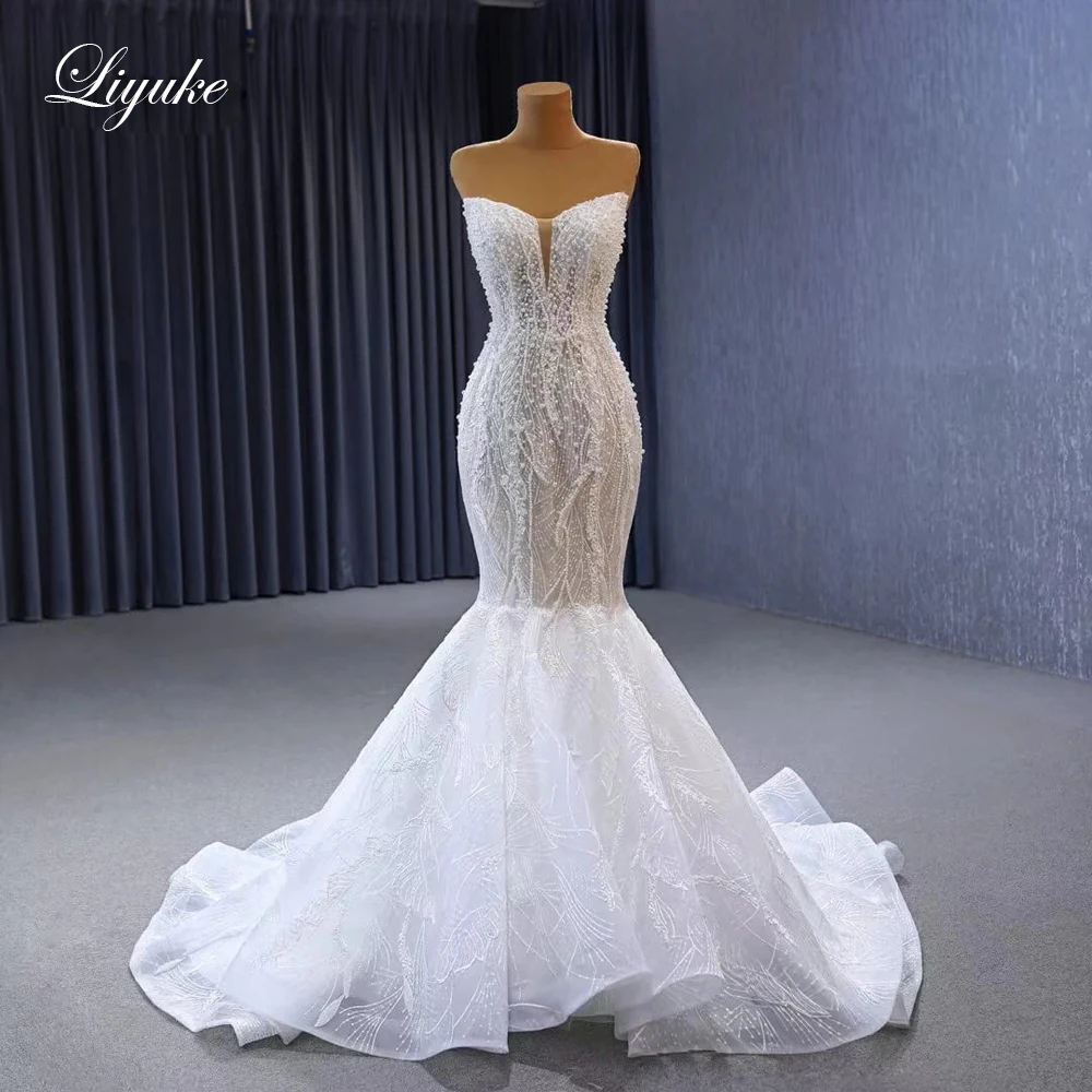 Liyuke Sheer Beading Pearls Sweetheart Mermaid Wedding Dress Uniquisite Lace Off Shoulder Sleeveless Trumpet Gowns
