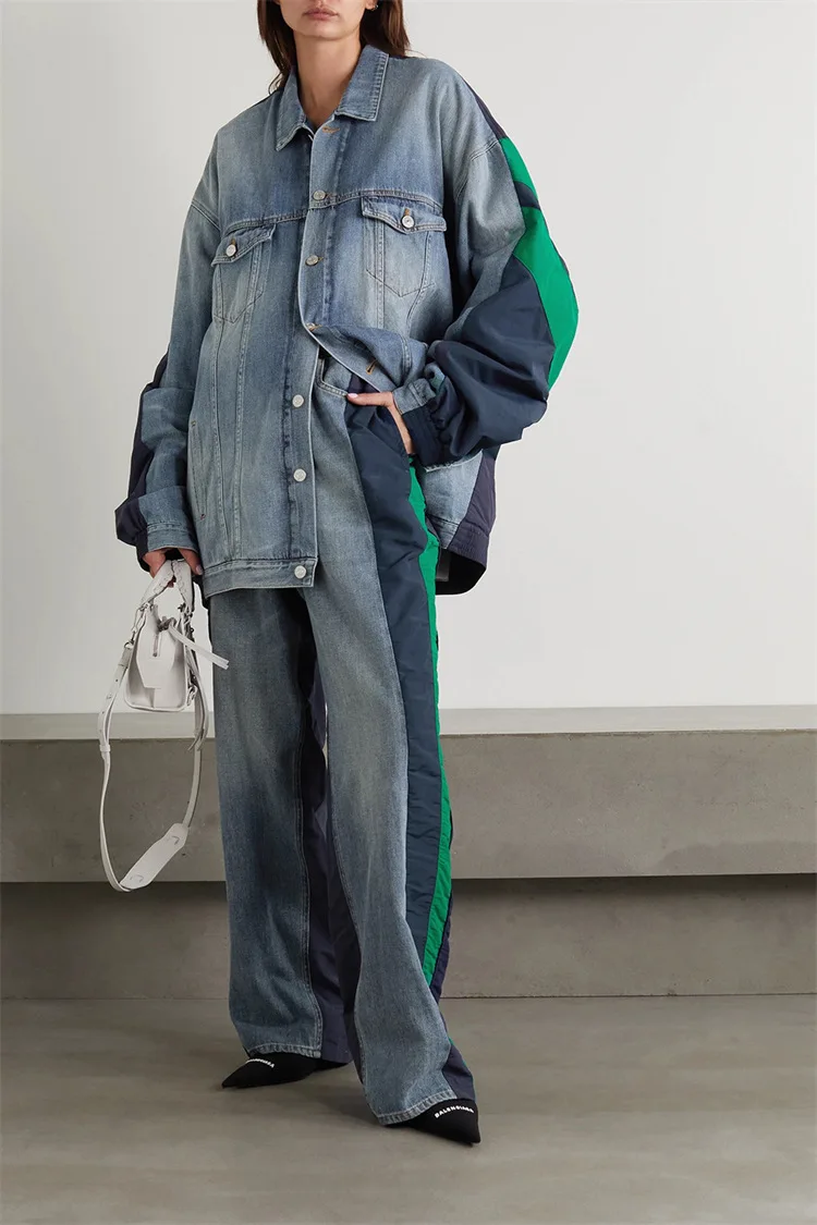 

SuperAen Fashion Denim Two Piece Set Women's Autumn New Color Contrast Splicing Denim Jacket High Waist Wide Leg Jeans Women Set