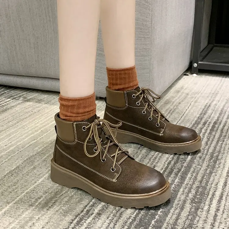 Women Fashion Platform Martin Booties Woman 2021 Autumn Black Lace-up Round Toe Combat Short Leather Ankle Boots Botas De Mujer