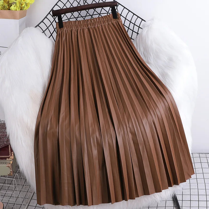 

Плиссированная юбка из искусственной кожи, новинка сезона осень-зима 2022, облегающая эластичная юбка-трапеция в Корейском стиле с высокой талией, плиссированная юбка из искусственной кожи для женщин