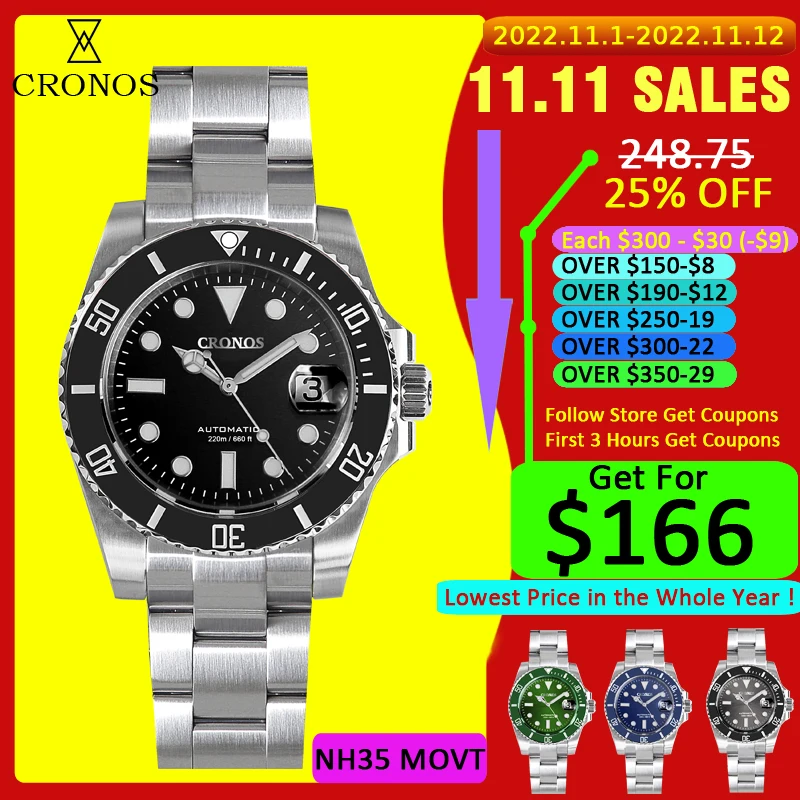 Цена Мужские часы Cronos Sub Diver с датой NH35, матовый браслет с керамической рамкой 20 АТМ, Glideclasp Sapphire Cyclops