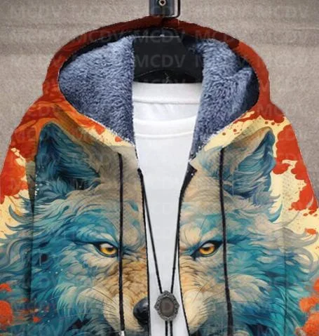 Мужская Флисовая Куртка с капюшоном и принтом волка длинным рукавом