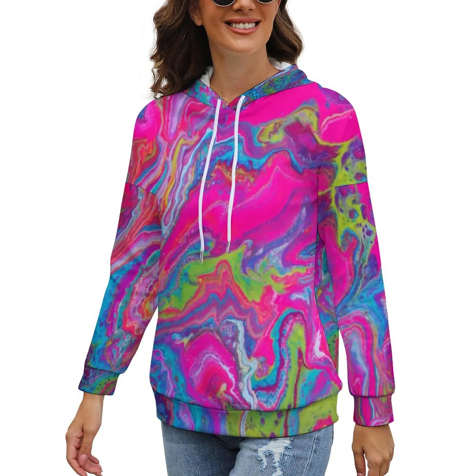 

Watercolor Psychedelic Hoodies Long Sleeve Modern Pink and Blue Trendy Pullover Hoodie Street Wear Oversized Hooded Sweatshirts
