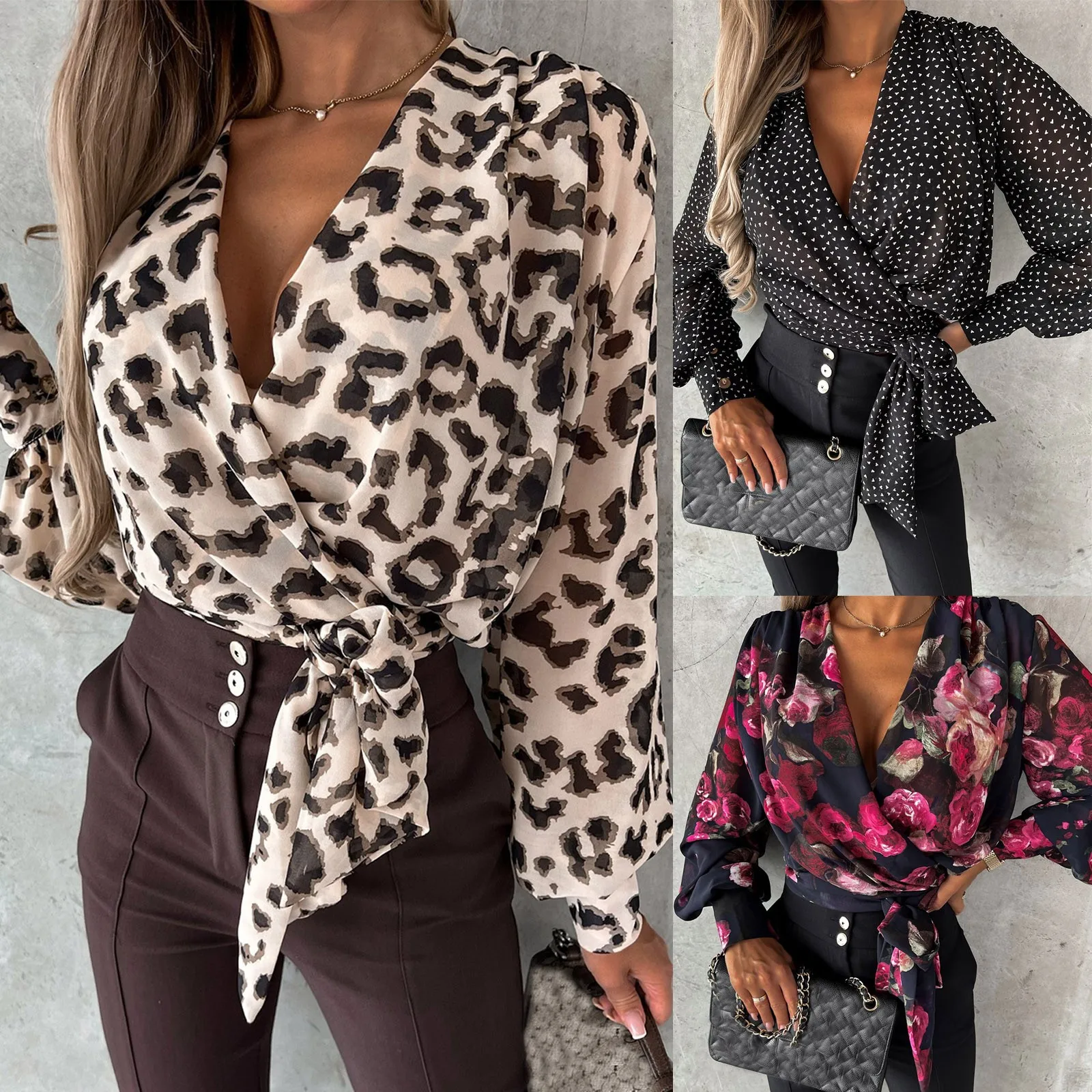 

Женская офисная блузка на пуговицах, элегантная рубашка с леопардовым принтом и длинным рукавом, привлекательные элегантные укороченные топы с V-образным вырезом и шнуровкой, блузка на весну