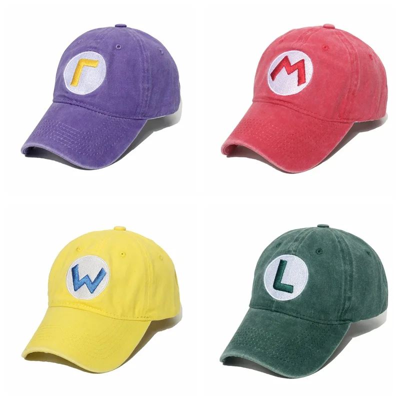 

Super Mario Bros Anime Figure Washed Canvas Hat Sunscreen Sun Peaked Baseball Cap Cartoon Cosplay Fashion Headdress X-mas Gifts