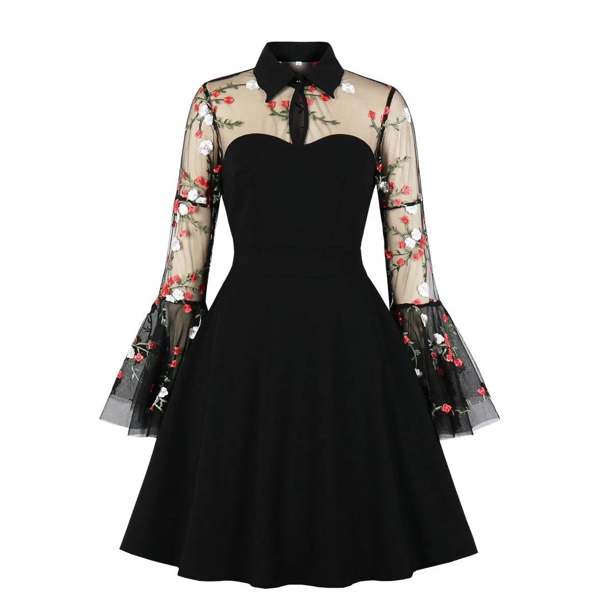 

Женское винтажное платье с отложным воротником, элегантное Сетчатое платье-трапеция с цветочной вышивкой и длинным рукавом, ТРАПЕЦИЕВИДНОЕ черное платье мини, 2023