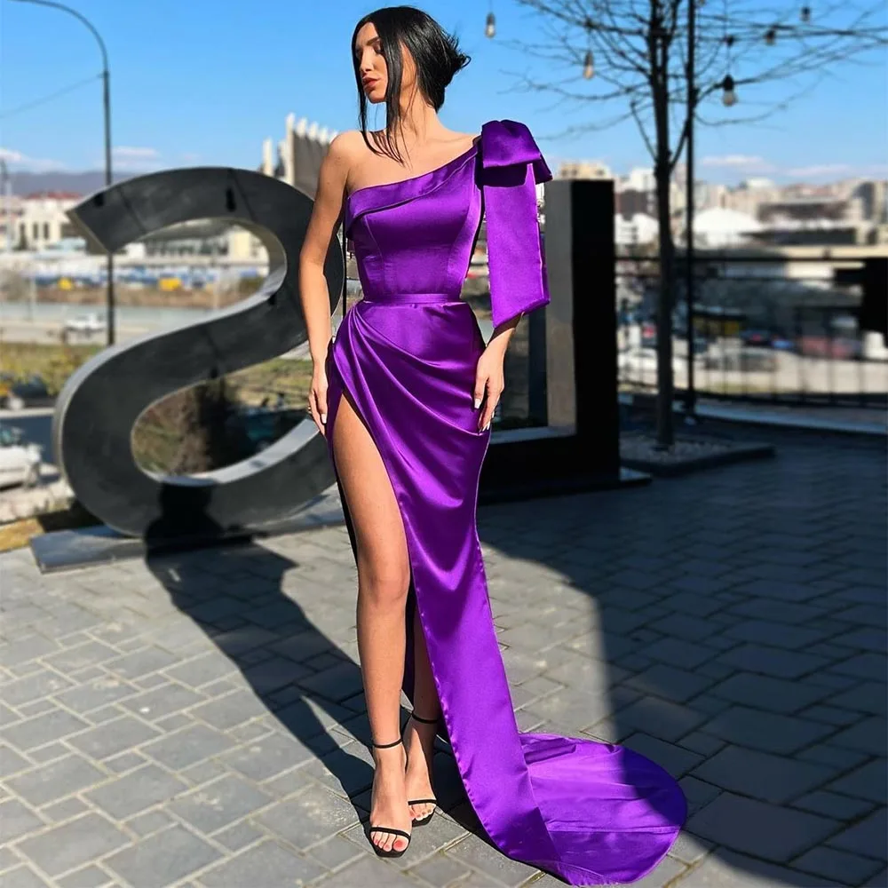 

Женское атласное платье-Русалка, фиолетовое плиссированное платье на одно плечо с разрезом сбоку, платье для свадебной вечеринки, 2023