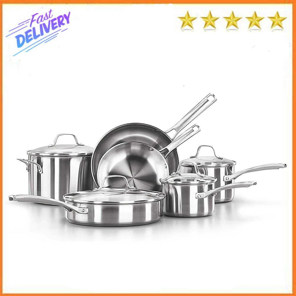 

Calphalon 10-Piece Pots and Pans Set, Stainless Steel Kitchen Cookware with Stay-Cool Handles and Pour Spouts, Dishwasher Safe