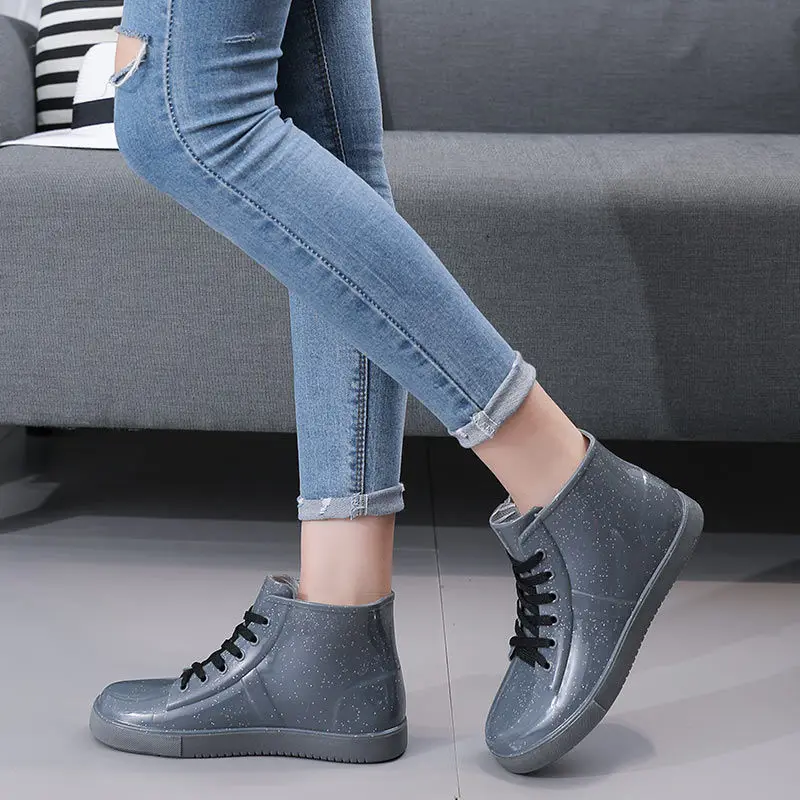 Fashion Student Water Boots for Rain High Top Ankle Galoshes 2023 New Casual Lace Up Oxfords Plain Rubber Boots Women's Rainboot