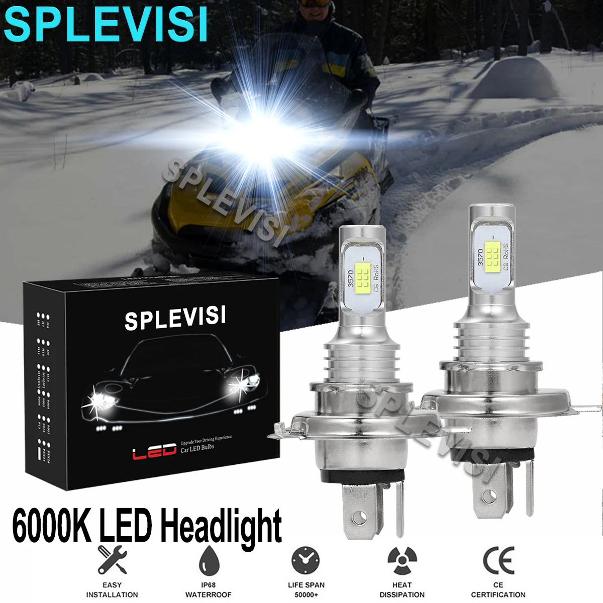 2x70W 6000K Pure White LED Headlights For Skandic 440 2001 2002-2005 Skandic550F 2004-2005 Skandic 600 2003 2004 2005 Snowmobile