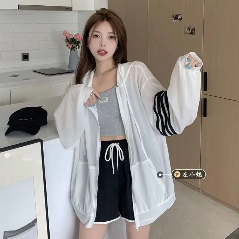 Summer Thin Loose Versatile Hooded Long Sleeve Sunscreen Coat Striped Patchwork Shirt Tops Korean Casual Fashion Women Clothing