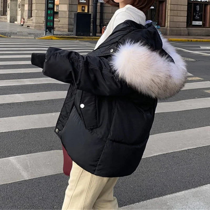 Women Hooded Black White Casual Outwear 2021 New Winter Down Cotton-padded Jackets Korean Style Short Loose Thicken Warm Coats