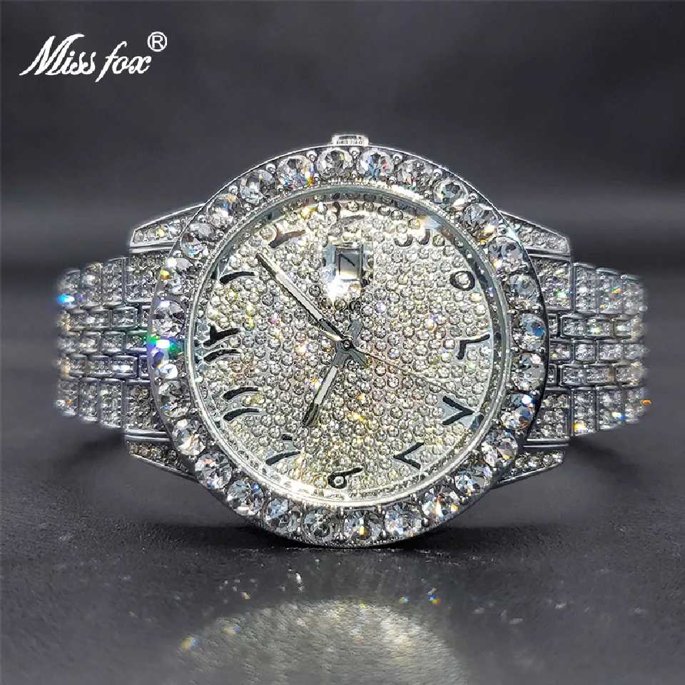 

MISSFOX Luxury Watch For Men 2021 Fashion Brand Hip Hop Street Style Diamond Watches With Iced Out Band Auto Calendar Relogio
