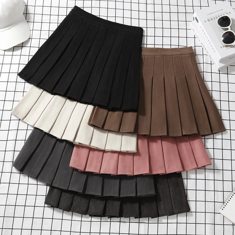 

Brown Tweed Pleated Skirt Women's Autumn Winter High Waist A- Line Slimming Skirt Thickened Spring Plus Size Short Pantskirt