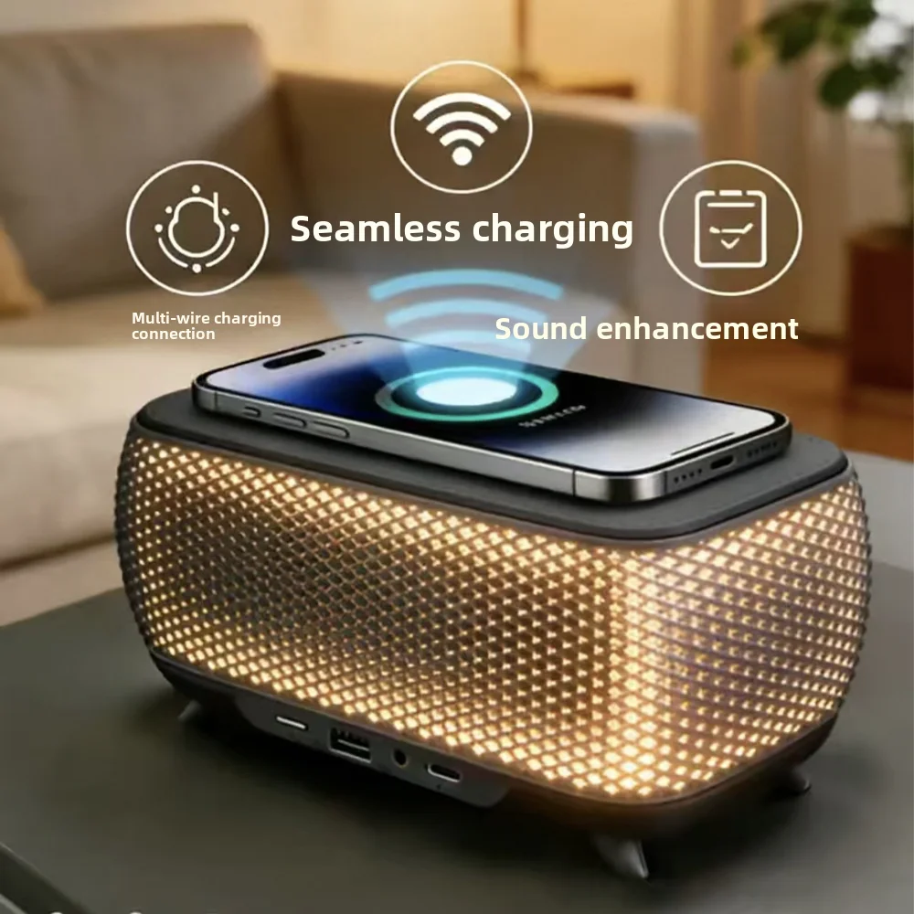 Фото Портативная Bluetooth-колонка VYOPBC с беспроводной зарядкой, подсветкой и мощными басами для рабочего стола №1