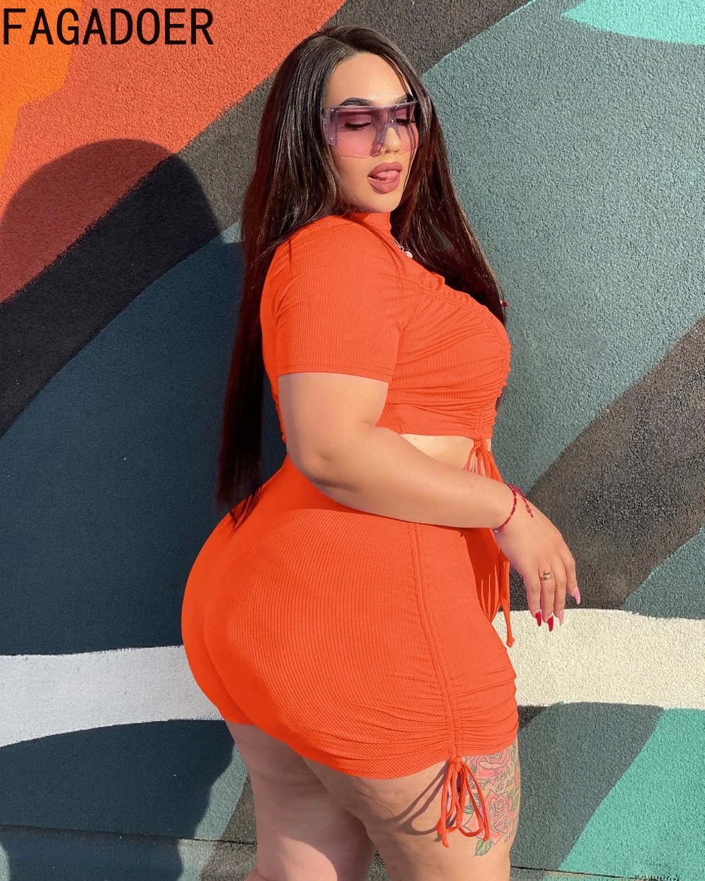 FAGADOER Summer New Solid Shorts Two Piece Set XL-4XL Plus Size Women Round Neck Drawstring Crop Top + Skinny Shorts 2pcs Outfit
