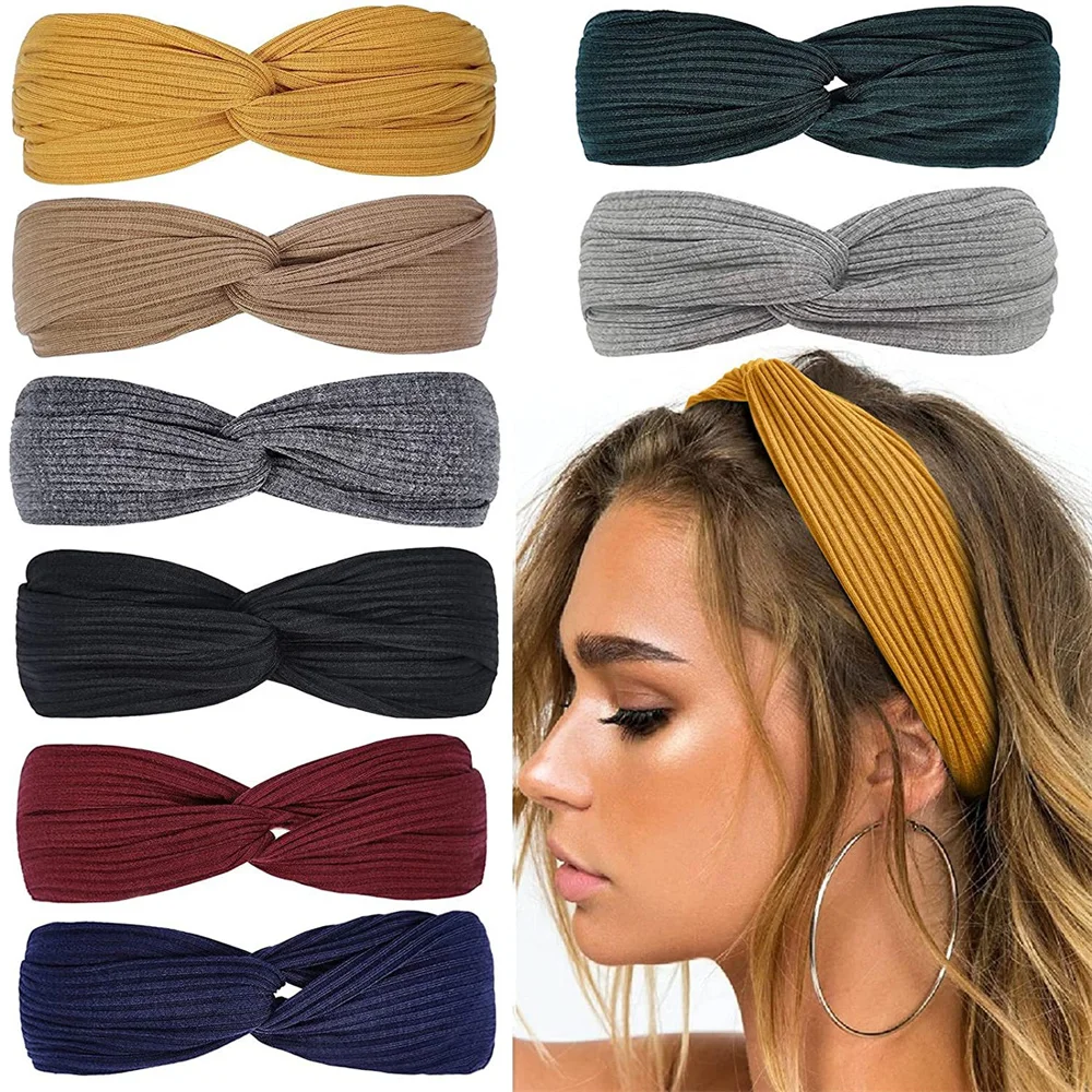 Vintage Twist Knotted Headbands Boho Soft Solid Color Cross Turban Elastic Hair Bands Women Sports Head Wrap For Yoga Fitness