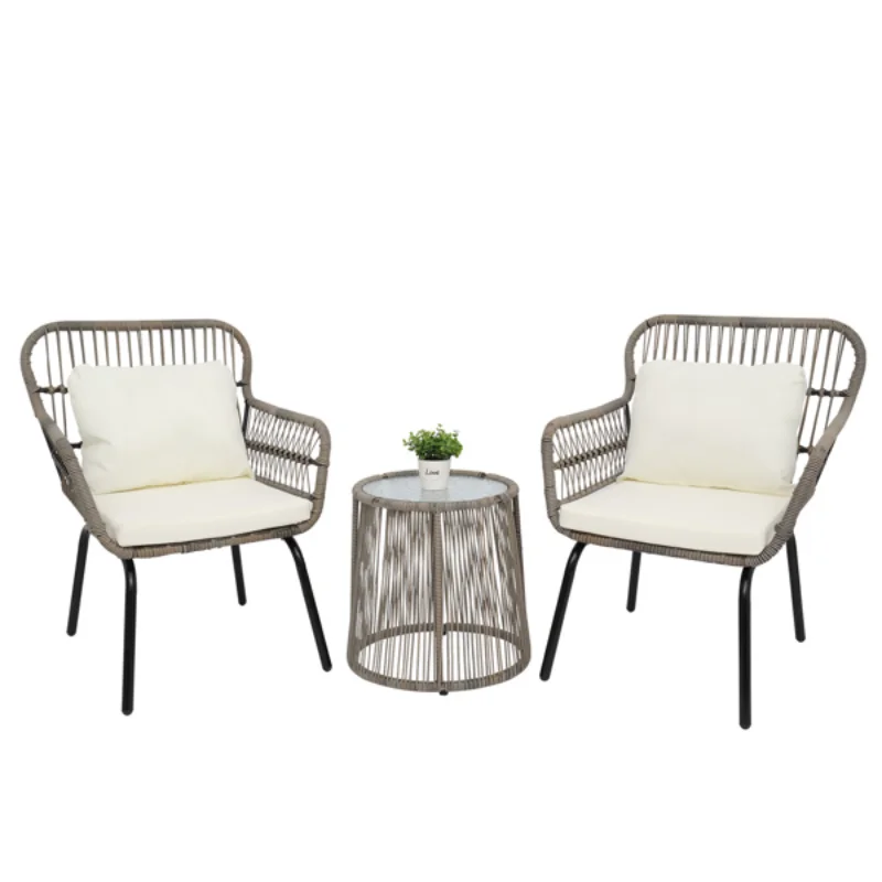 3-Piece Patio Wicker Conversation Bistro Set with 2 Chairs & Glass Top Side Table & Cushions Tan[US Stock]