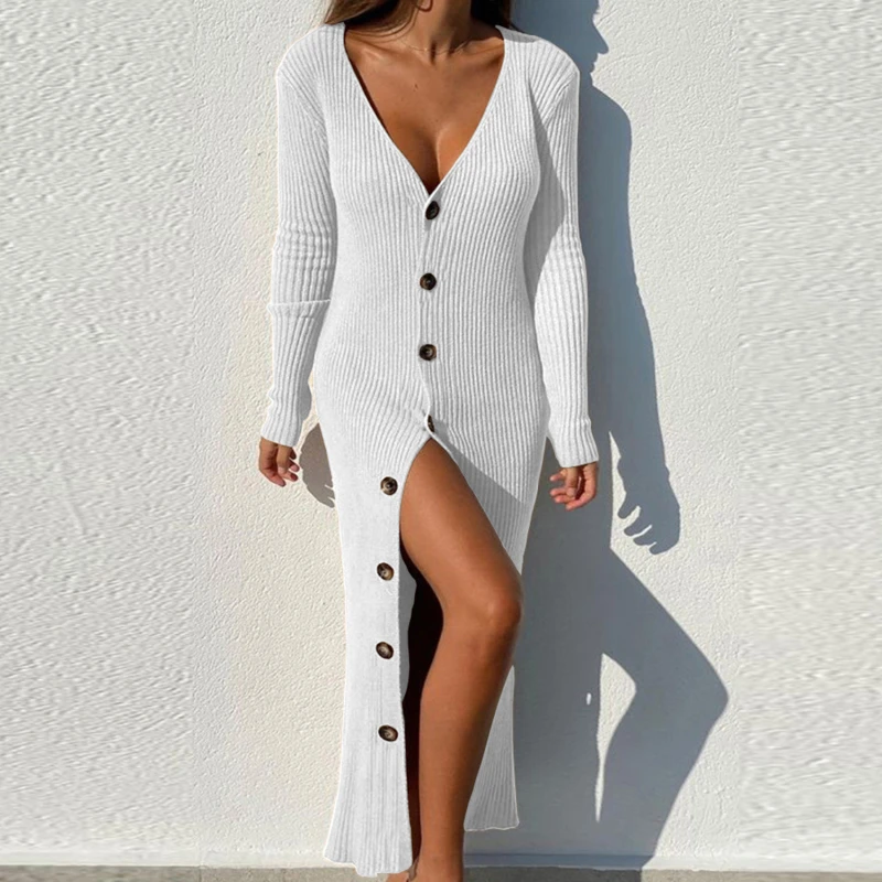 

Long Sleeve V Neck Knitted 2023 Winter Sexy Party Club Basic Dresses Long For Women Cardigans Sweater Dress