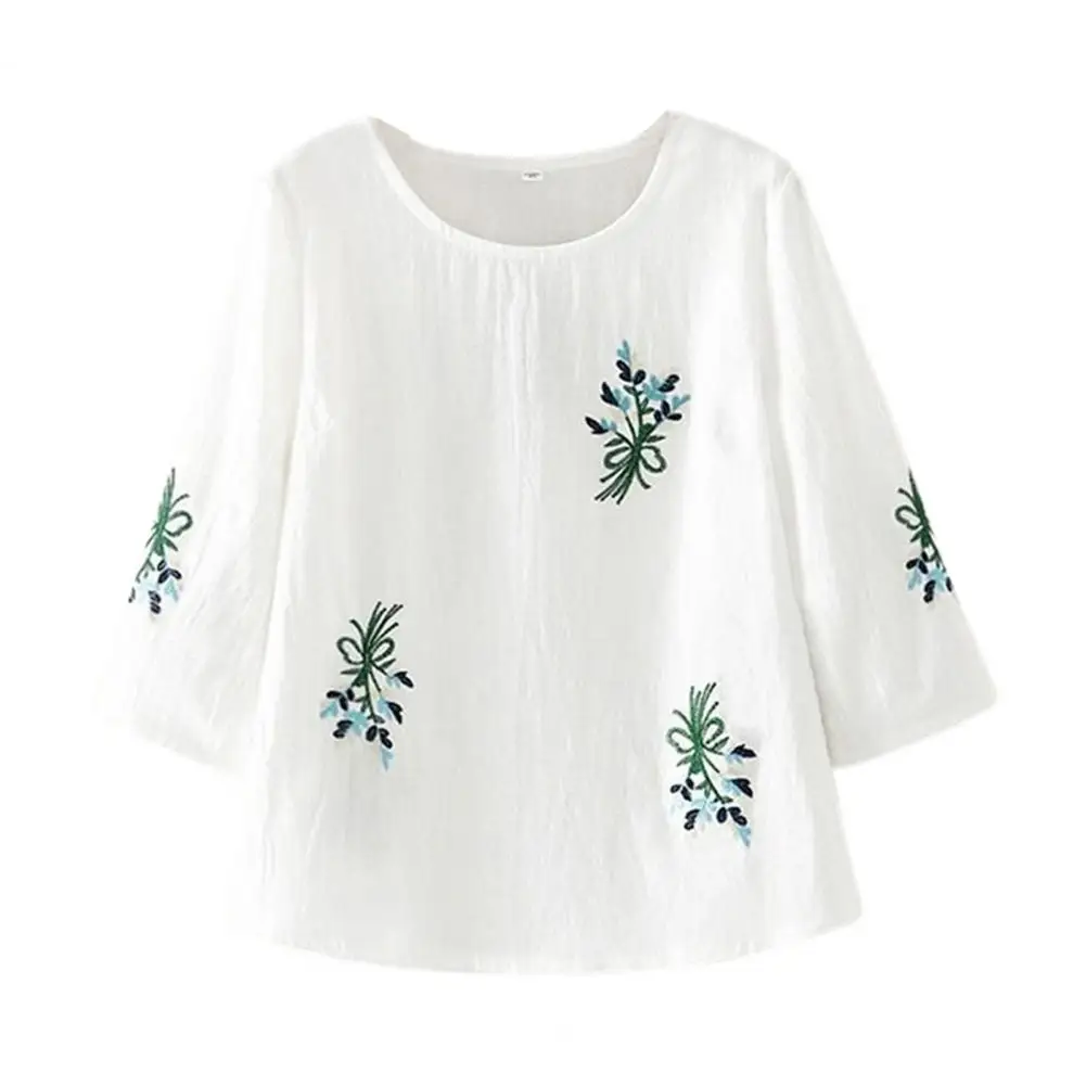 

Women T-shirt Flower Embroidery Three-quarter Sleeve Round Neck A-line Retro Loose Top Summer Streetwear