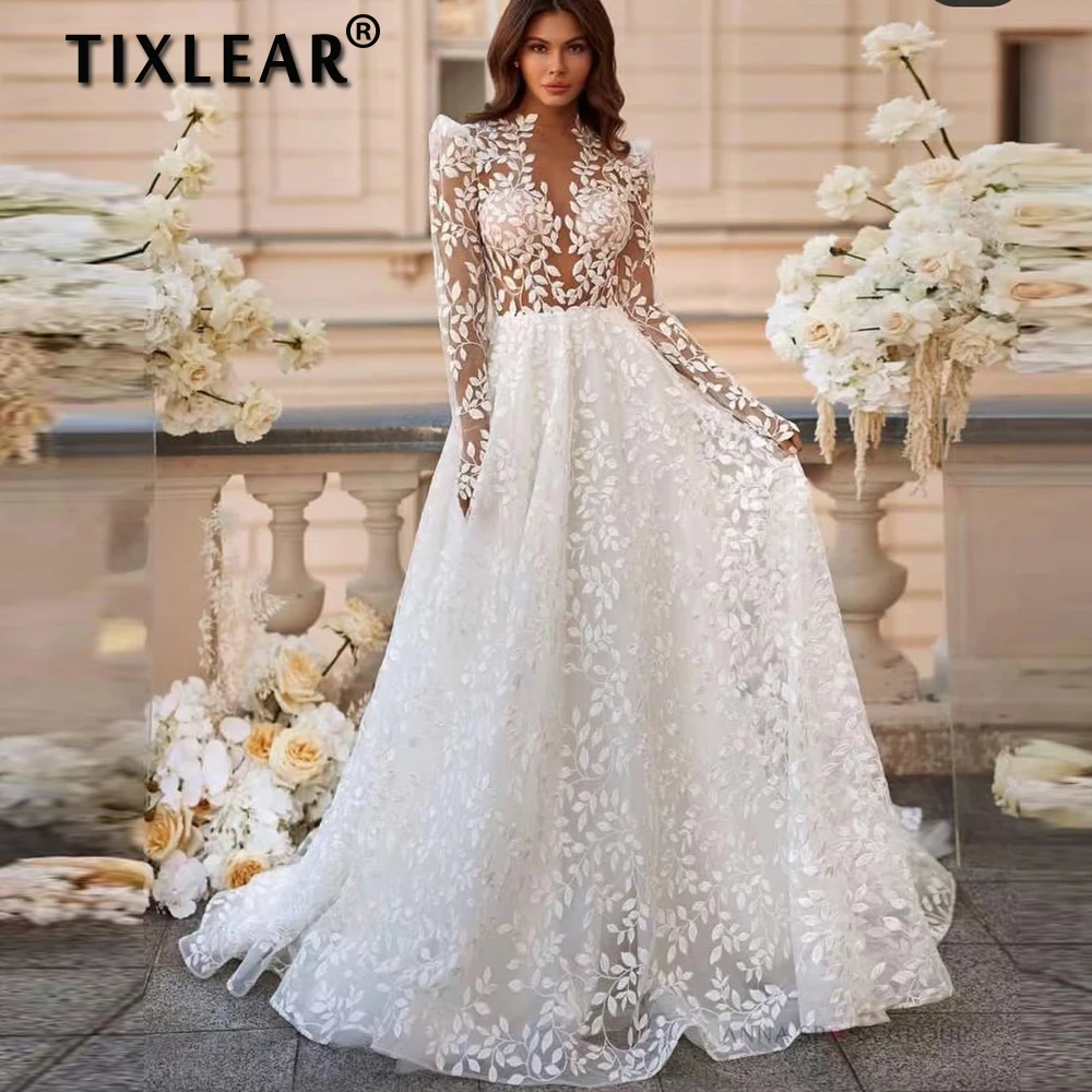 

TIXLEAR Elegant Wedding Dress 2023 Satin Applique Sleeves V-neck Bridal Gown Fashion Open Back Vestidos De Novia Chapel Train