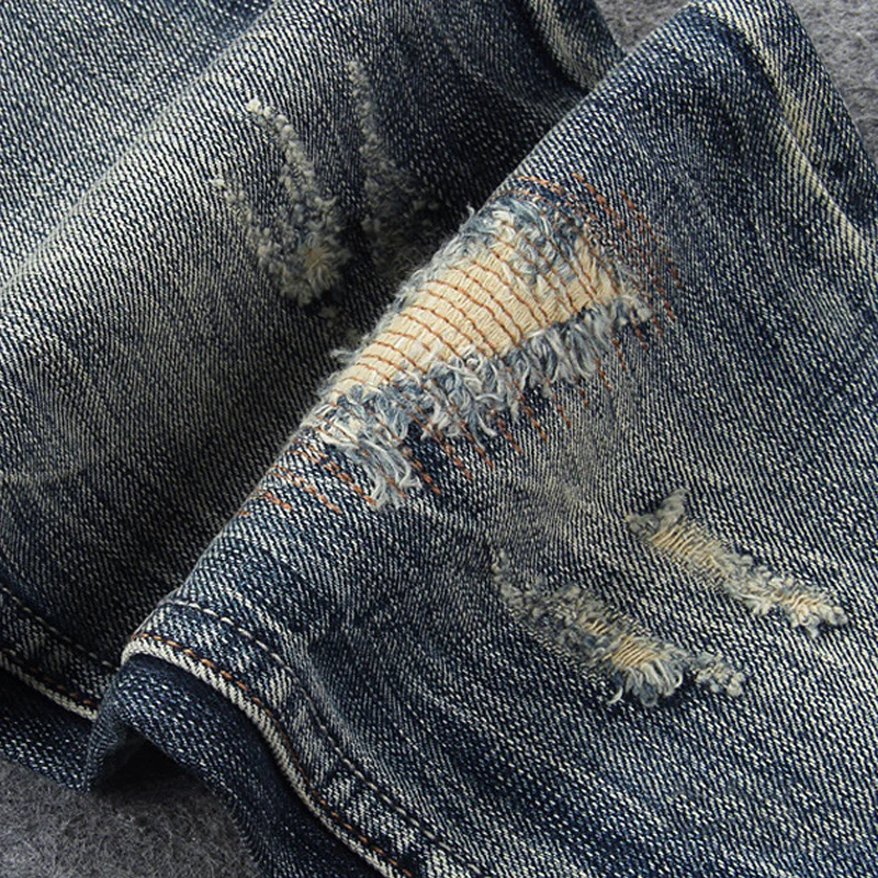 Fashion Vintage Men Jeans Retro Washed High Quality Slim Fit Hole Ripped Jeans Homme Embroidery Patched Designer Denim Pants Men