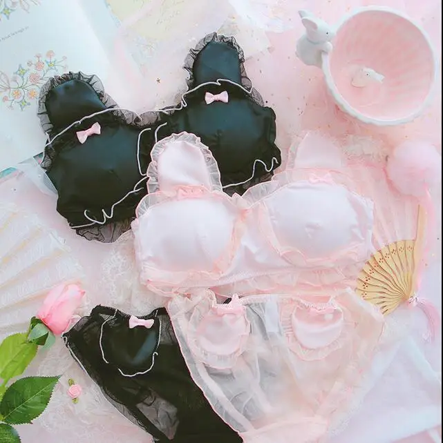 

Japanese lolita bra and panty set girl underwear sweet soft girl loli lace princess cute no steel ring bralette set seamless bra