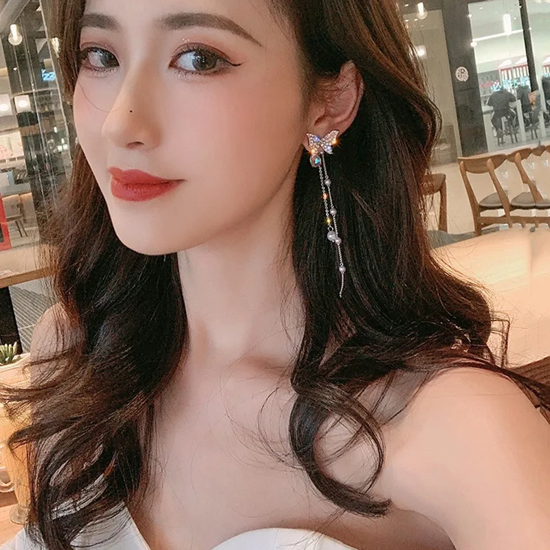 Милые серьги-бабочки высокий смысл стиль знаменитостей длинный жемчужные
