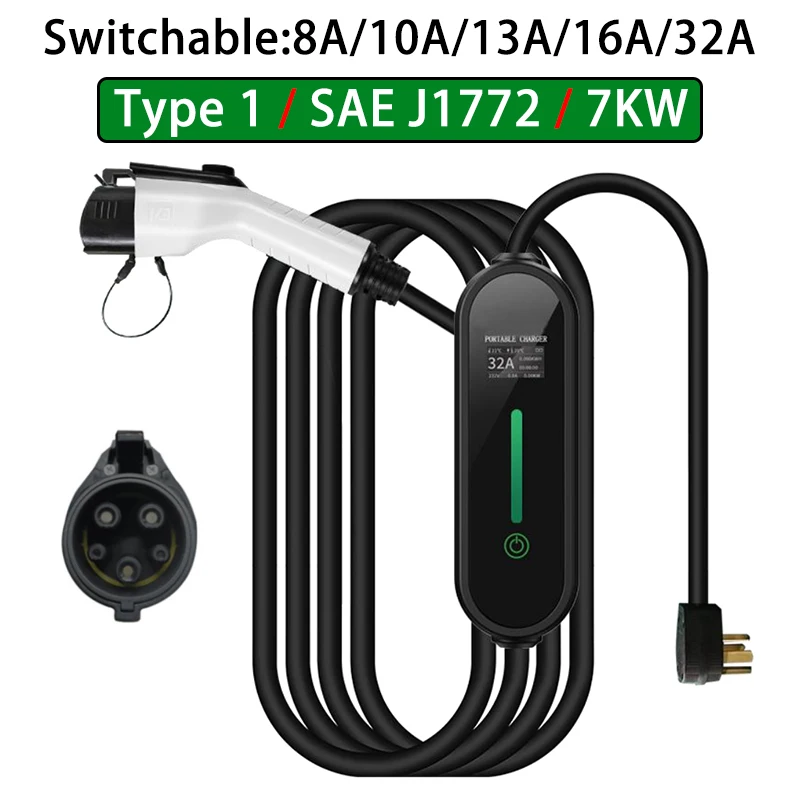

EV Charger Type 1 SAE J1772 Switchable 8A/10A/13A/16A/32A 1 Phase Portable Electric Vehicle Fast Charging 5 Meter For Tesla