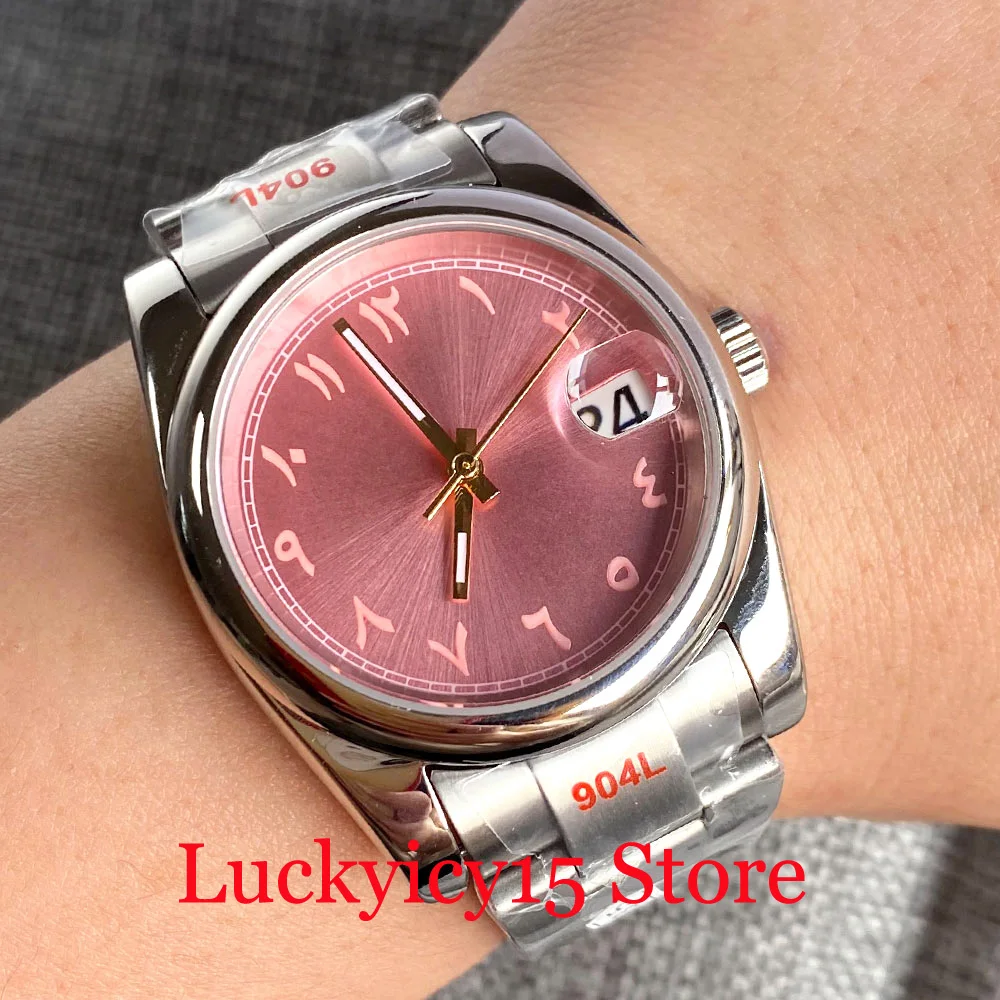 

New 36MM/39MM Japan NH35 Movement Automatic Wristwatch Men Gold Hands Luminous Pink Dial Sapphire Crystal Oyster Type Bracelet